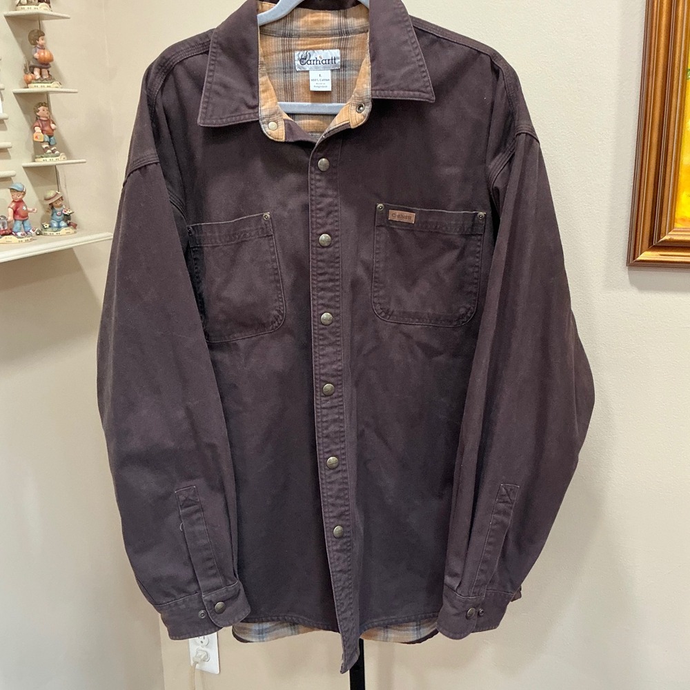 Carhartt Shirt Jacket S96 Large Dk Brown Flannel Lined Cotton Canvas Snap Front